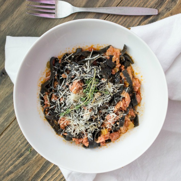Squid Ink Fettuccine Bolognese